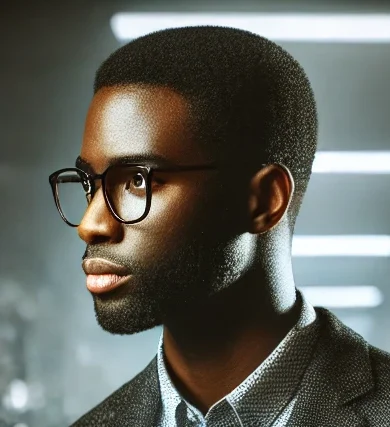 DALL·E 2024-11-25 10.15.07 - A professional black male cybersecurity expert in a modern office setting. He is dressed in a smart casual outfit, consisting of a blazer and a button